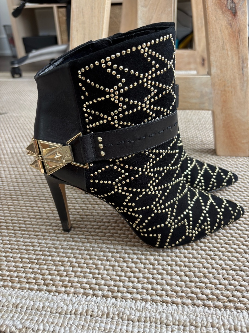 Sam Edelman Black Studded Pointed-Toe Ankle Booties with Gold Accents - Picture 5 of 11